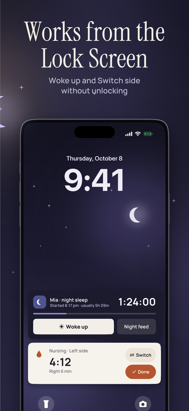 Works from the Lock Screen. A night sleep running at 1:24:00 with a Woke up button, and a nursing timer on the left side at 4:12 with Switch and Done buttons, both on the Lock Screen.